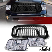 2013-2018 Ram 1500 Chrome Quad Lamp Headlight nb+Matte Blk Rebel Mesh Grille
