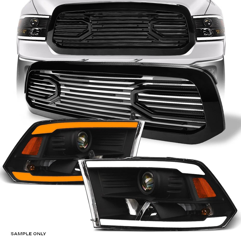 Switchback Sequential 13-18 Ram 1500 Blk LED Projector Headlights A+BH Grill