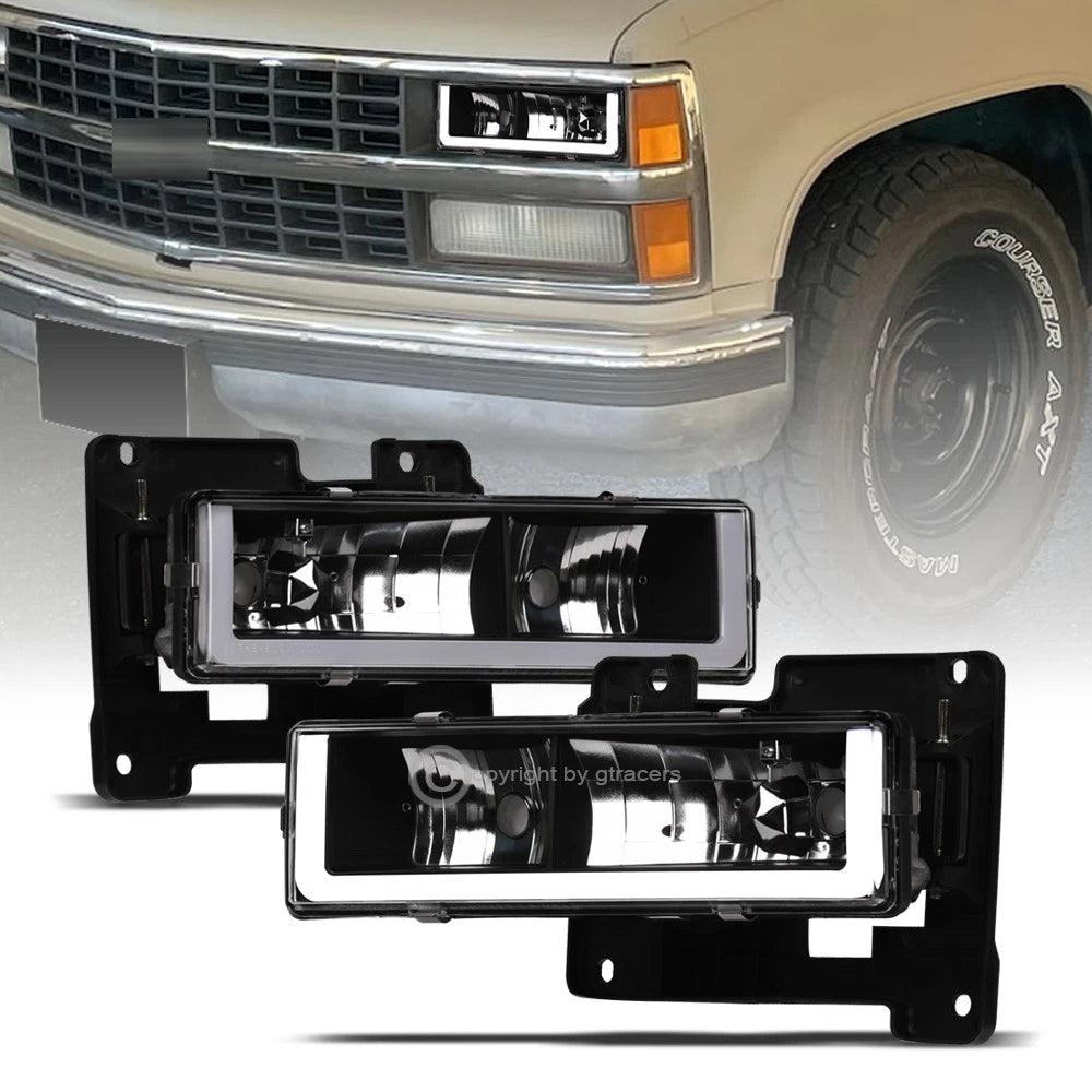 1988-2000 Chevy C10 C/K Silverado Black Crystal Headlights w/LED Tube Bar