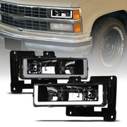 1988-2000 Chevy C10 C/K Silverado Black Crystal Headlights w/LED Tube Bar