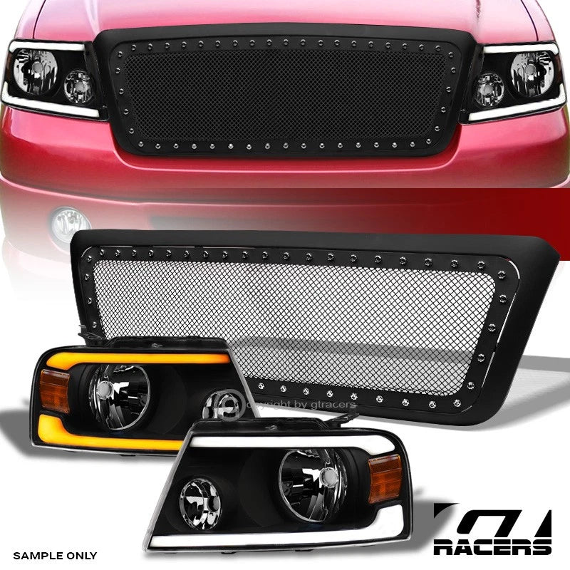 2004-2008 F150 Blk Sequential LED Tube Headlights Am+Matte Rivet Mesh Grille