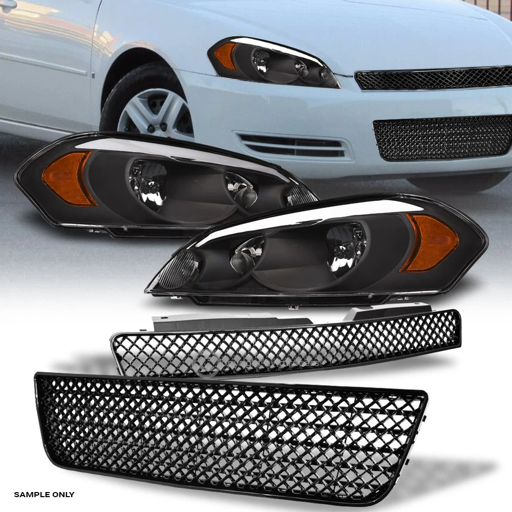 2006-2016 Impala/Limited Black LED Tube Headlights Amber+Up & Lo Mesh Grille