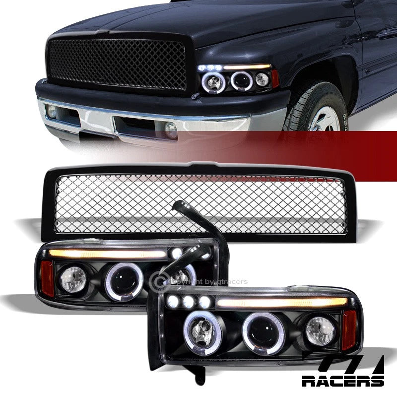 Black Halo Led Projector Headlights Signal Amber Aw+Mesh Grille 94-02 Ram
