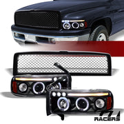 Black Halo Led Projector Headlights Signal Amber Aw+Mesh Grille 94-02 Ram