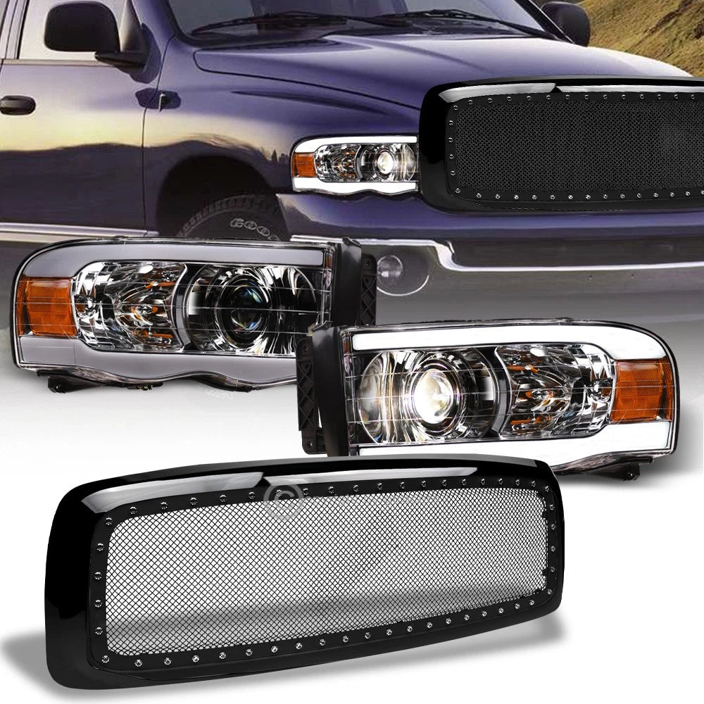 2002-2005 Ram Chrome LED Tube Projector Headlights Amber+Rivet Mesh Grille