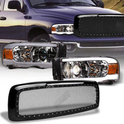 2002-2005 Ram Chrome LED Tube Projector Headlights Amber+Rivet Mesh Grille
