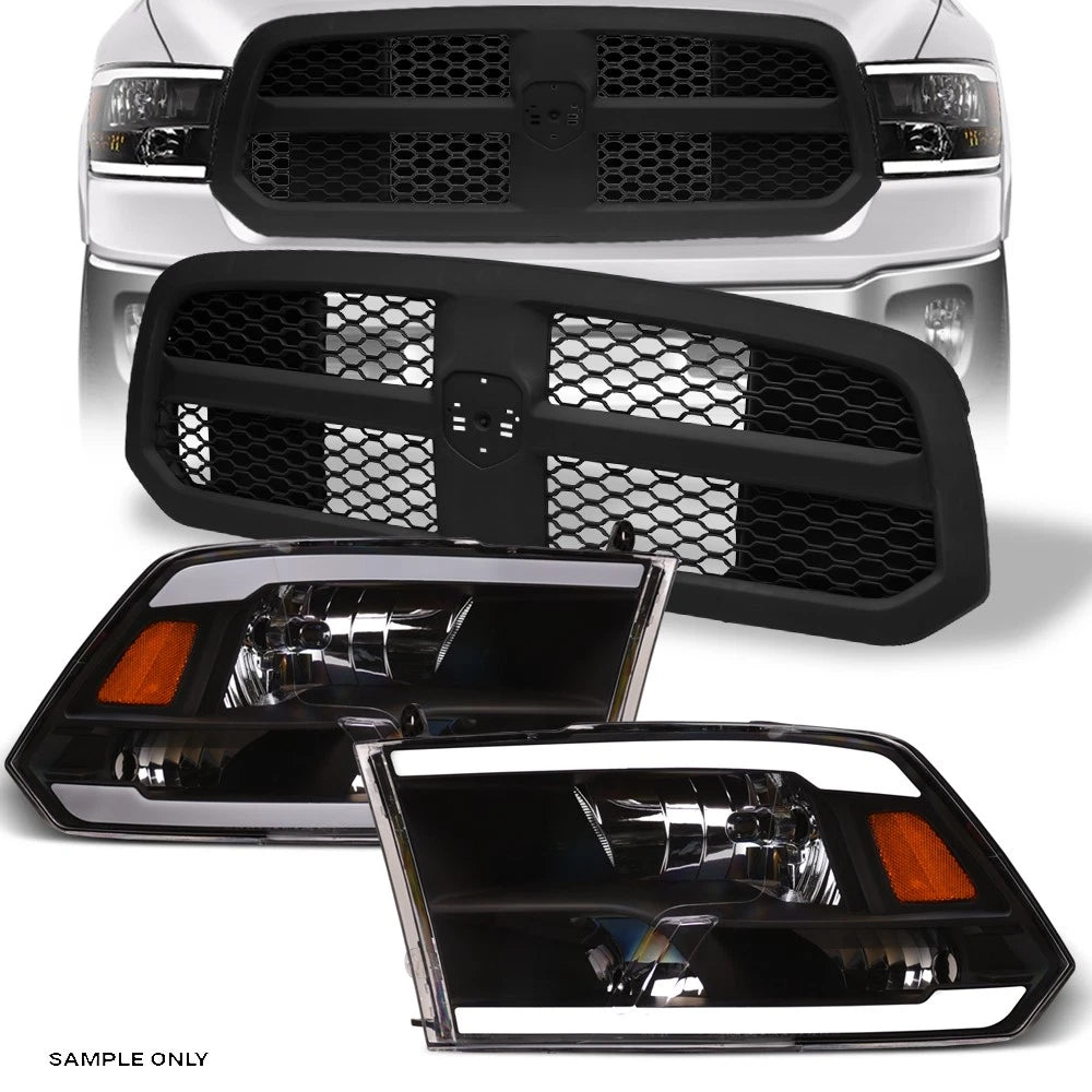 2013-2018 Ram 1500 Blk LED Tube Headlights Amber+Matte Honeycomb Mesh Grille