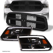 2013-2018 Ram 1500 Blk LED Tube Headlights Amber+Matte Honeycomb Mesh Grille