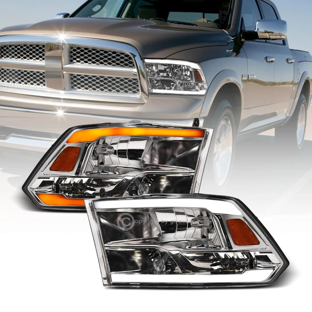Switchback Sequential 2009-2018 Dodge Ram Chrome Headlights w/LED Tube Bar