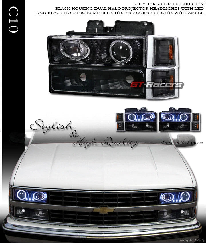 Black Led Projector Headlights+Bumper+Corner Am K2 94-99 Chevy C10 C/K Truck
