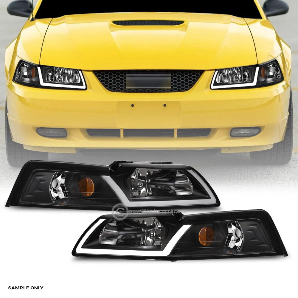 1999-2004 Ford Mustang Black Crystal Headlights Signal Amber w/LED Tube Bar