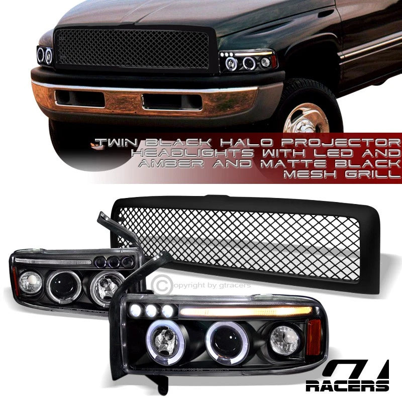 1994-2002 Dodge Ram Black LED Halo Projector Headlights Am+Matte Mesh Grille