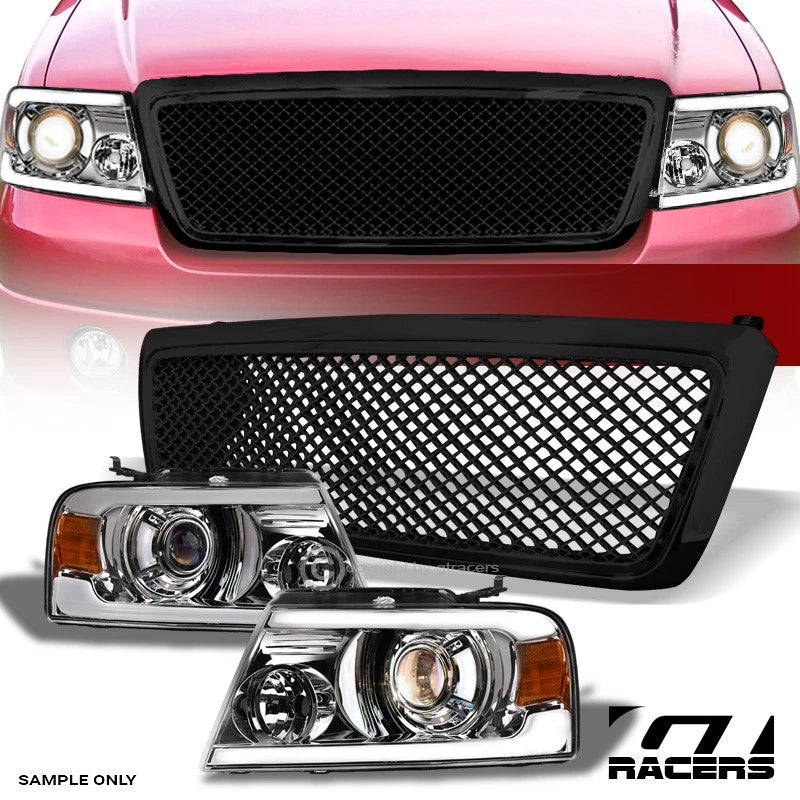 2004-2008 F150 Chrome LED Tube Bar Projector Headlights Am+Black Mesh Grille