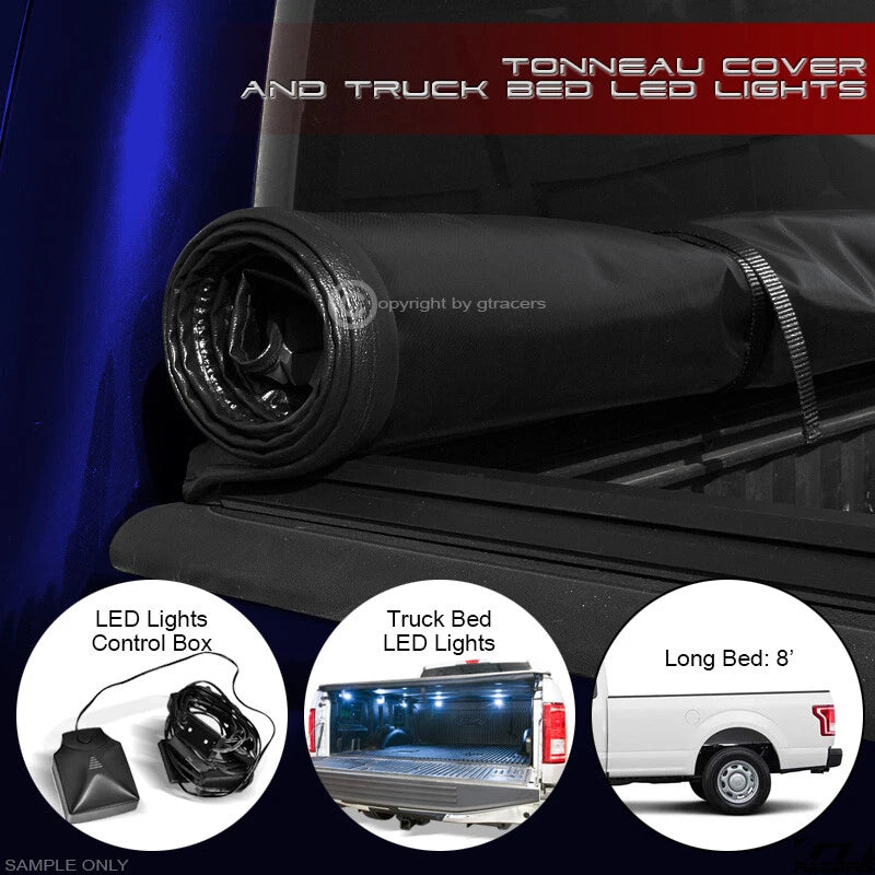 2015-2024 F150 8 Ft Truck Long Bed Lock & Roll Soft Tonneau Cover+LED Lights