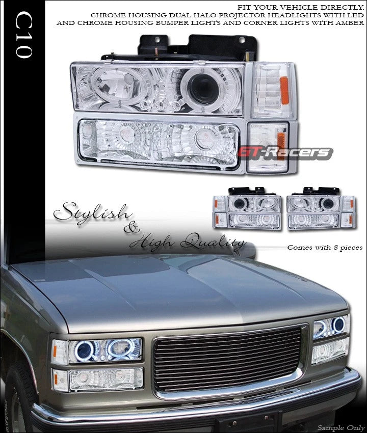 Chrome Led Projector Headlights+Bumper+Corner K2 94-00 GMC C10 C/K Truck/Suv