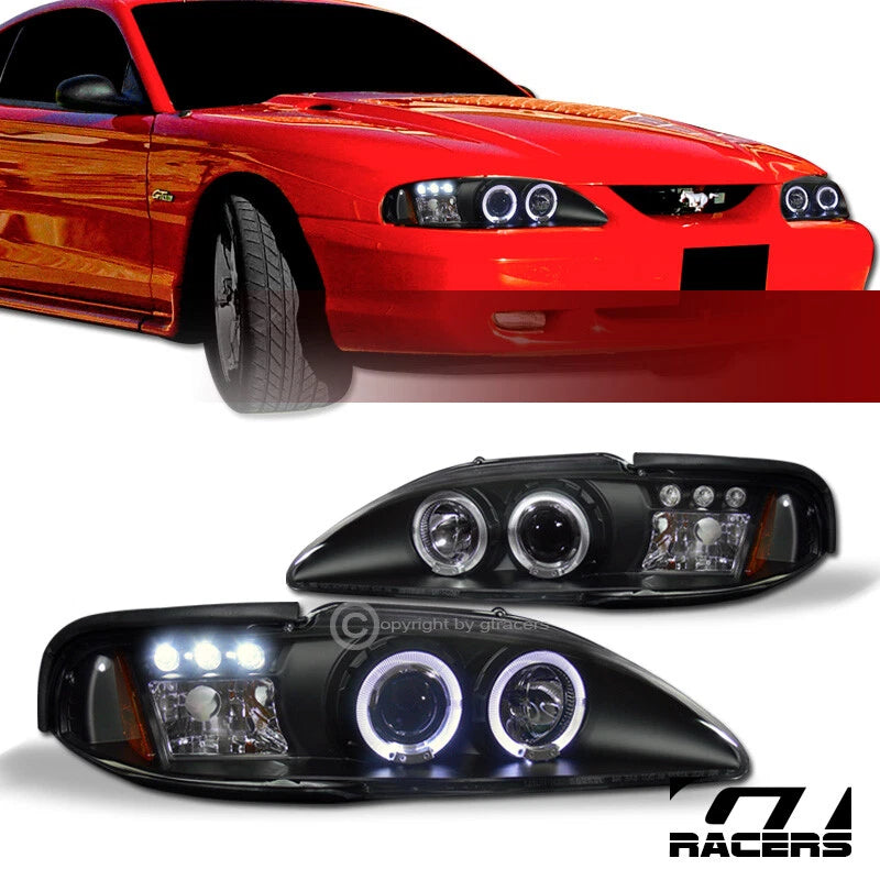 1994-1998 Ford Mustang Black LED Halo Projector Headlights Corner Amber 1Pc