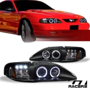 1994-1998 Ford Mustang Black LED Halo Projector Headlights Corner Amber 1Pc