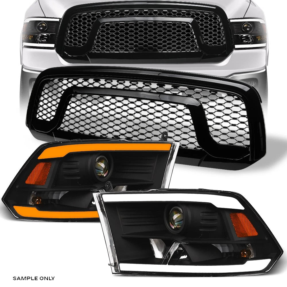 Switchback Sequential 13-18 Ram 1500 Blk LED Projector Headlights A+M Grille