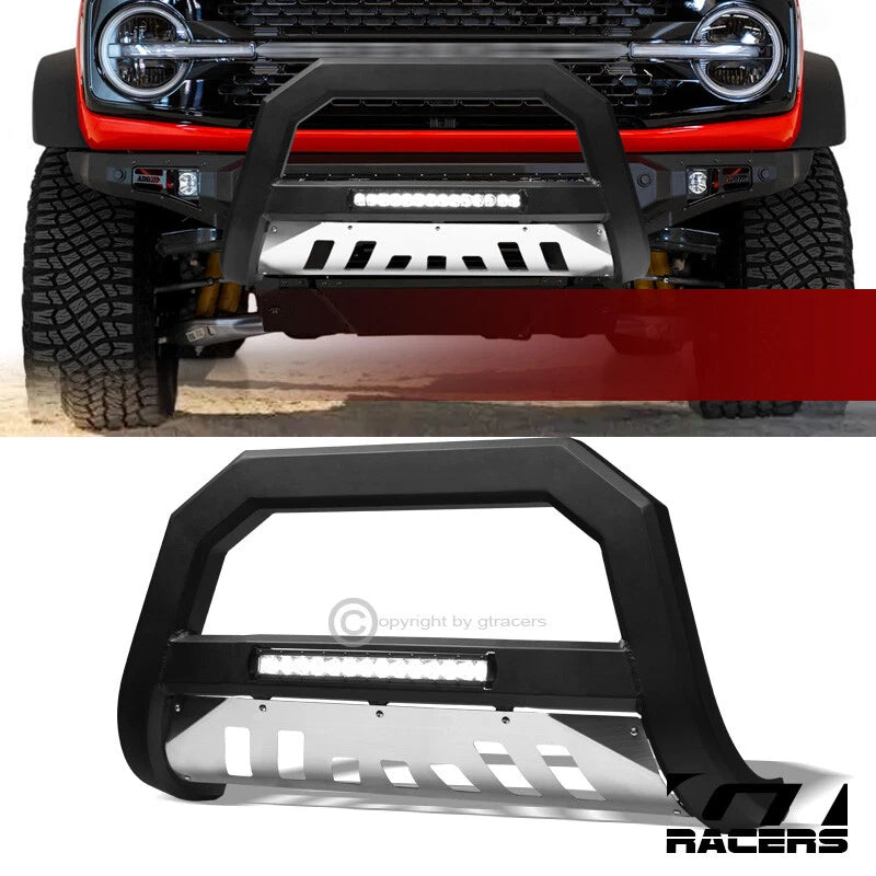 2021-2024 Ford Bronco Matte Blk/Skid AVT Aluminum LED Bull Bar Bumper Guard