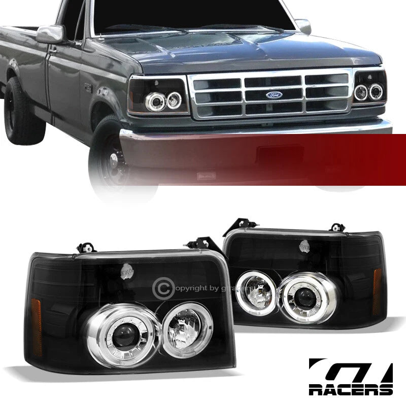 1992-1996 F150/Bronco Black Halo Projector Headlights Bumper Lamps Amber 1P