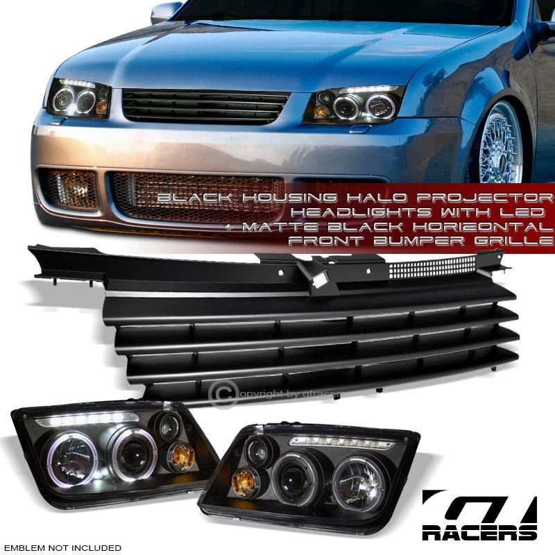 Black Halo Led Projector Headlights Signal+Fog+Matte Grille 99-05 Jetta Mk4