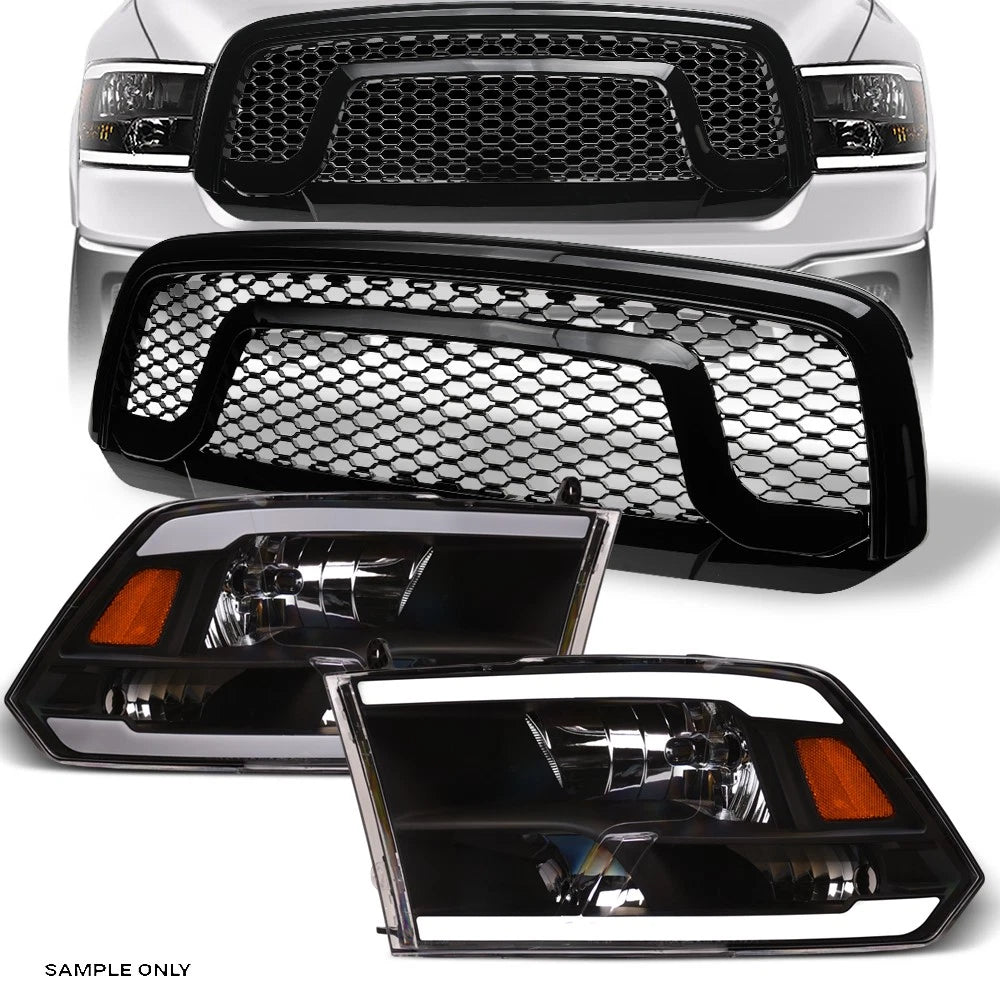 2013-2018 Dodge Ram 1500 Blk LED Tube Bar Headlights Amber+Rebel Mesh Grille
