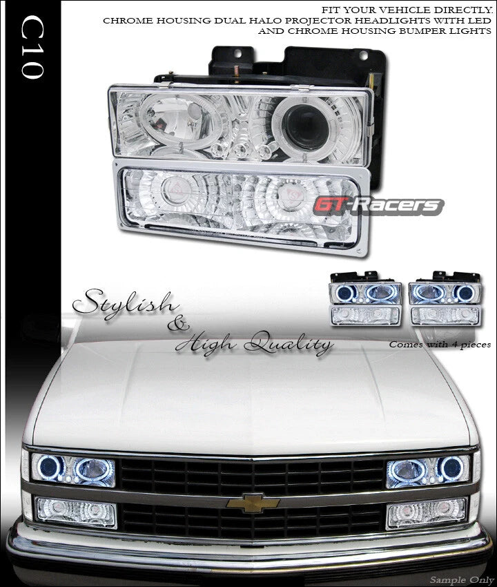 1994-2000 Chevy/GMC C10 C/K Chrome LED Halo Projector Headlights+Bumper yd