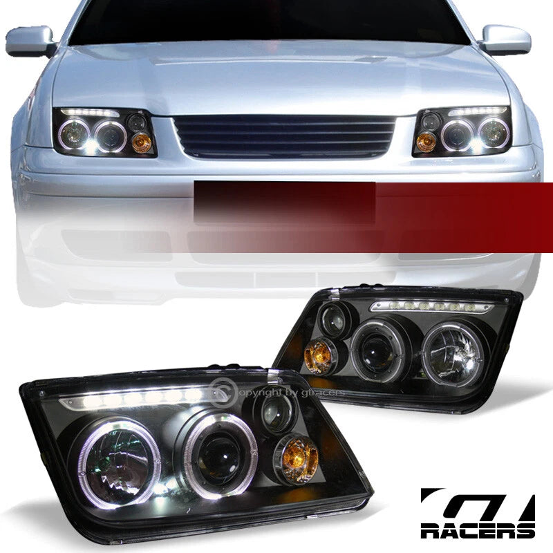 1999-2005 VW Jetta Mk4 Blk LED Halo Projector Headlights+ Built-in Fog Lamps