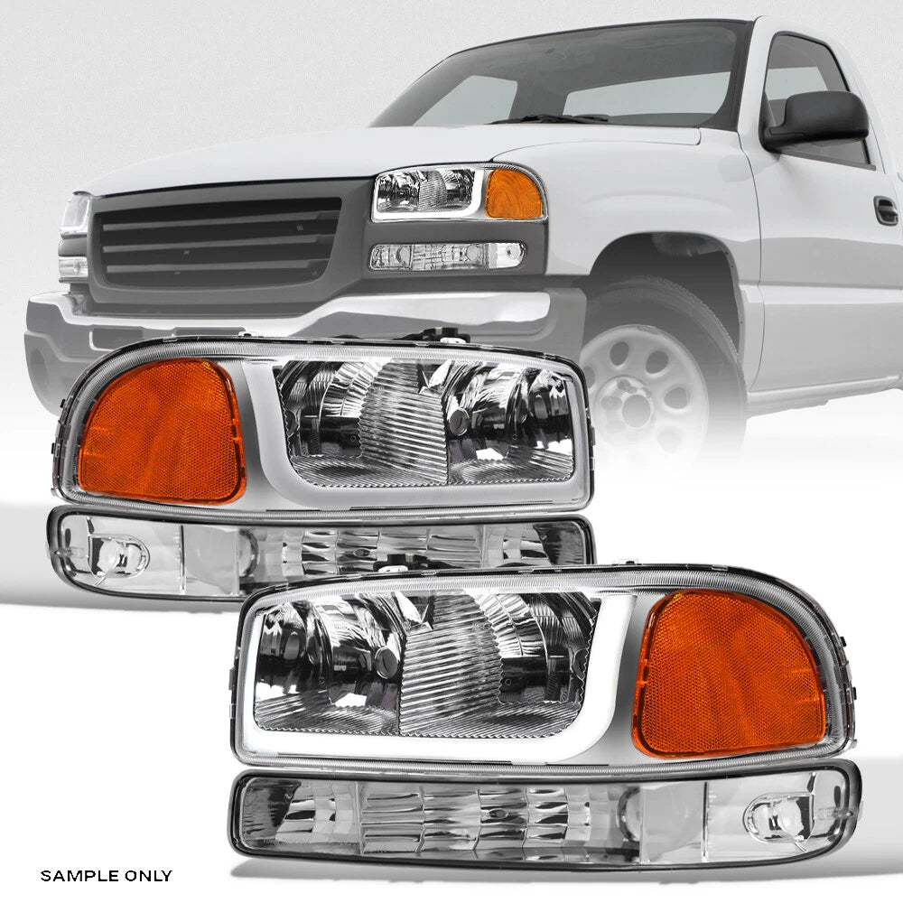 1999-2007 GMC Sierra Chrome Headlights+Corner Signal Lamps Amber w/LED Tube
