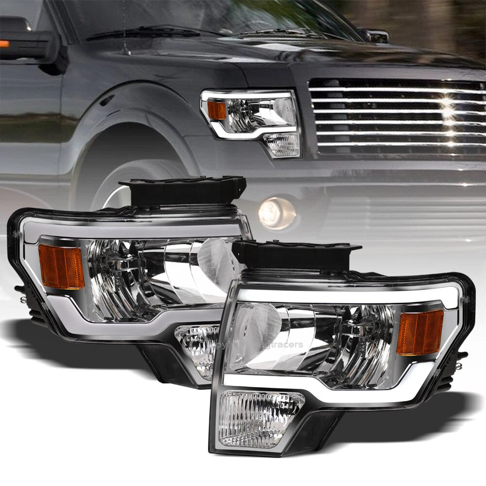 2009-2014 Ford F150 Chrome Crystal Headlights Signal Amber w/LED Tube Bar