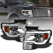 2009-2014 Ford F150 Chrome Crystal Headlights Signal Amber w/LED Tube Bar