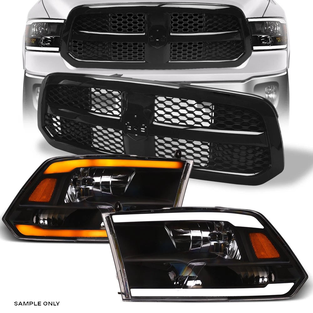 Switchback Sequential 13-18 Ram 1500 Blk LED Headlights Am+Honeycomb M Grill