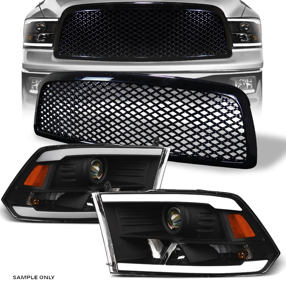 2009-2012 Dodge Ram 1500 Blk LED Tube Projector Headlights Amber+Mesh Grille
