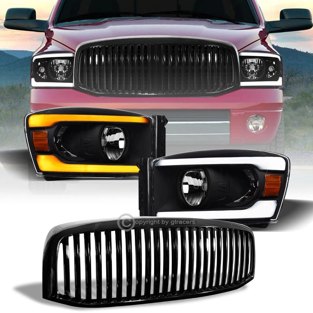 Switchback Sequential 06-09 Ram Blk LED Bar Headlights Amber+Vertical Grille