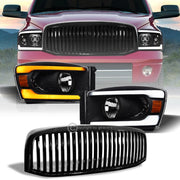 Switchback Sequential 06-09 Ram Blk LED Bar Headlights Amber+Vertical Grille