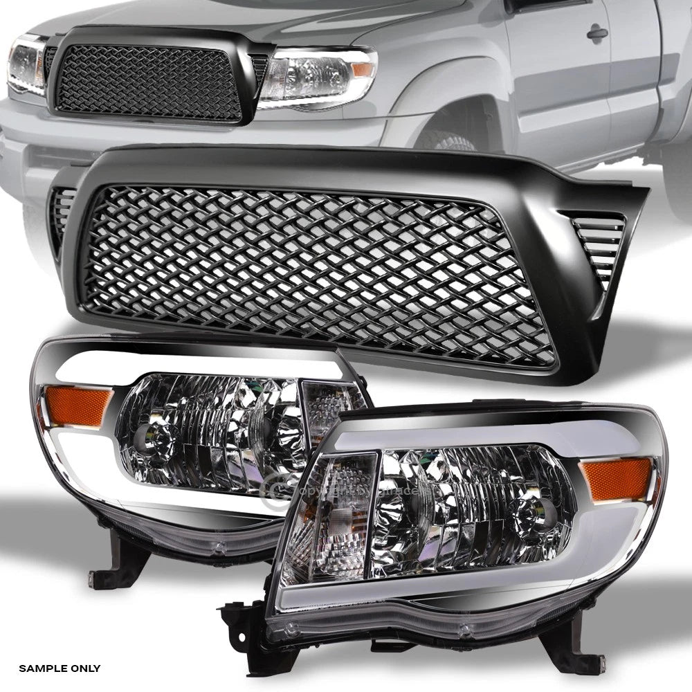 05-11 Toyota Tacoma Chrome LED Tube Headlights Amber+Matte Black Mesh Grille