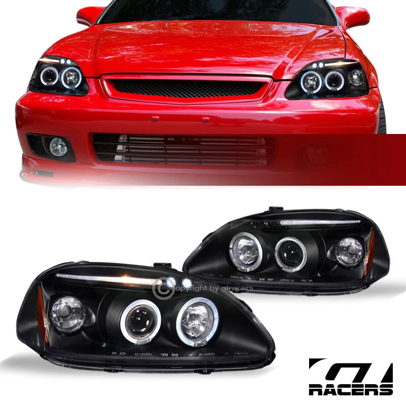 1999-2000 Honda Civic Black LED Halo Projector Headlights Lamps Signal Amber