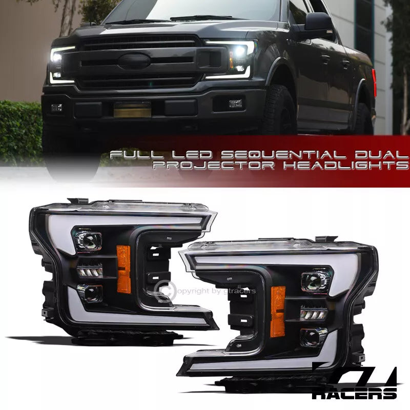 2018-2020 F150 Blk/Chrome Full LED Switchback Sequential Projector Headlight