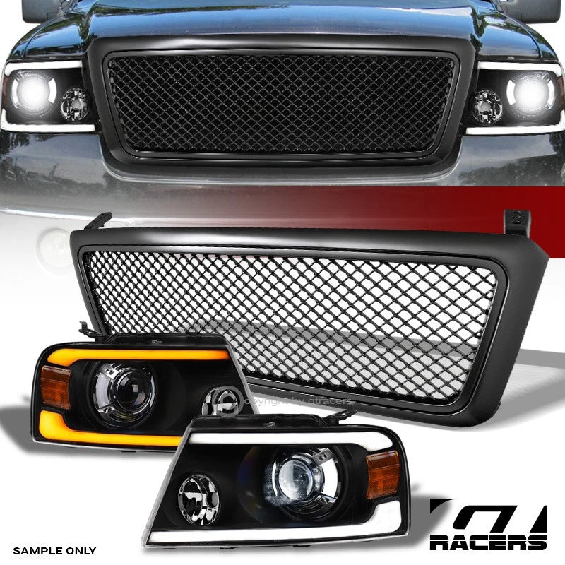 04-08 F150 Blk Sequential Full LED Projector Headlights Am+Matte Mesh Grille