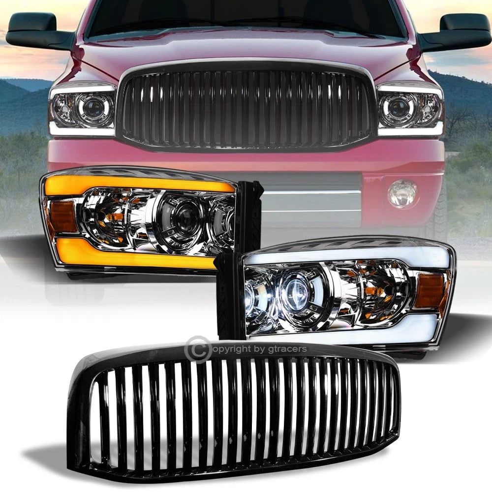Switchback Sequential 06-09 Ram Chrome Full LED Pro Headlights+Blk V Grille
