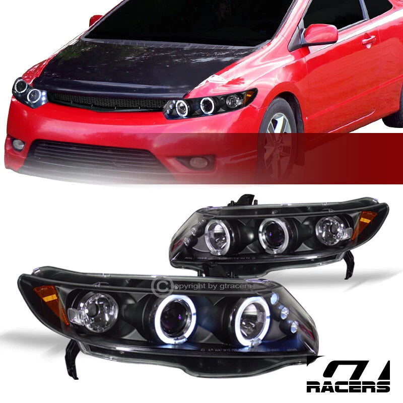 2006-2011 Honda Civic Coupe Black LED Halo Projector Headlights Signal Amber