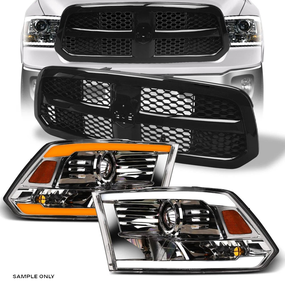 Switchback Sequential 13-18 Ram 1500 Chrome LED Pro Headlights A+Blk M Grill