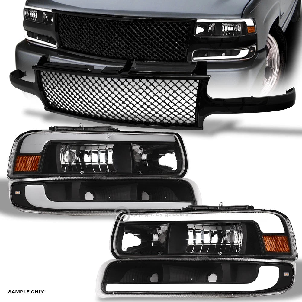 99-02 Silverado/00-06 Suburban Tahoe Blk LED Headlights A+Bumper+Mesh Grille