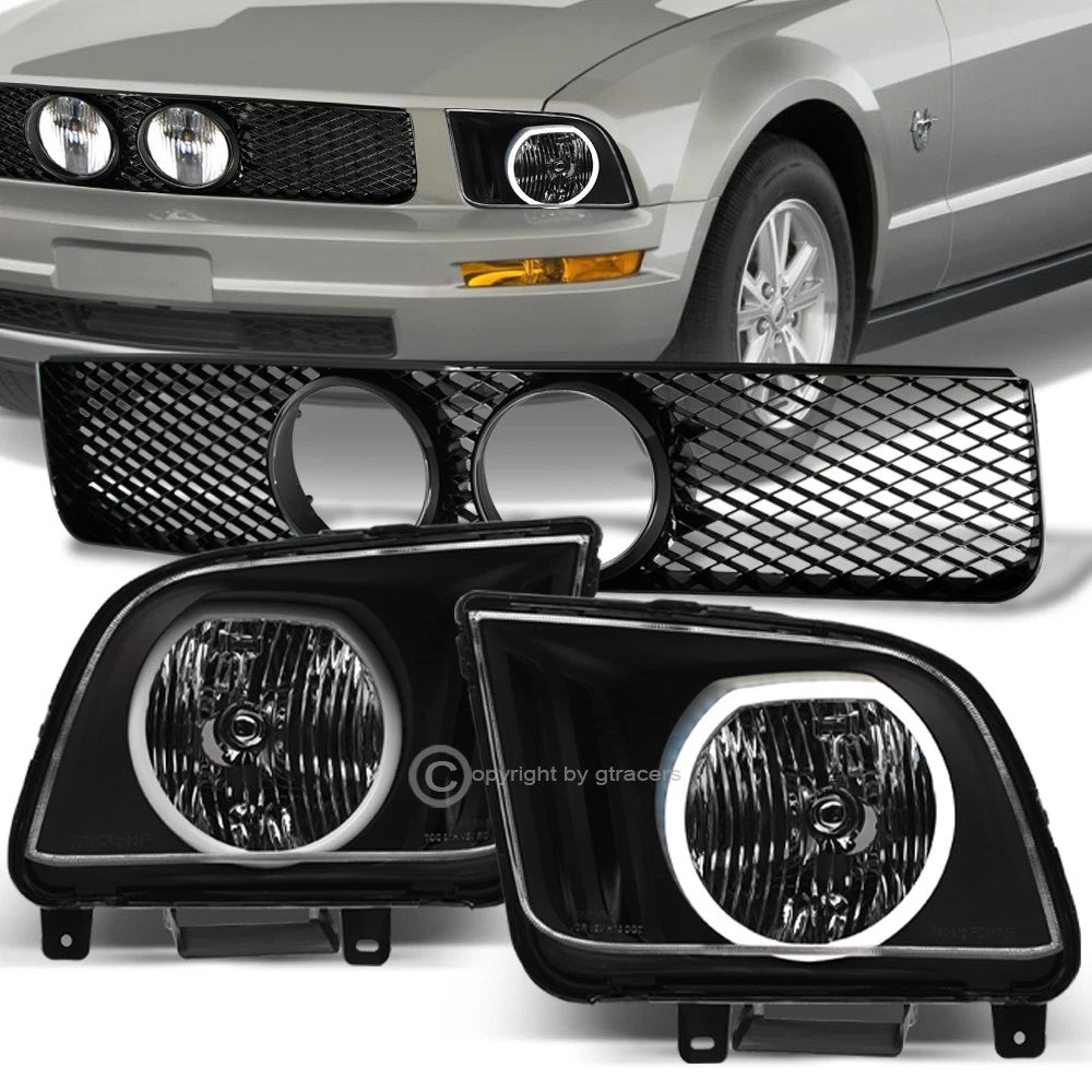 2005-2009 Mustang GT Black LED Halo Headlights+Mesh Front Grille w/Fog Hole