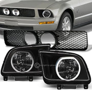 2005-2009 Mustang GT Black LED Halo Headlights+Mesh Front Grille w/Fog Hole