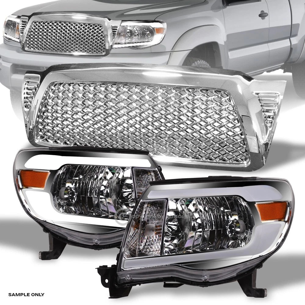2005-2011 Toyota Tacoma Chrome LED Tube Headlights Amber+Dragon Mesh Grille