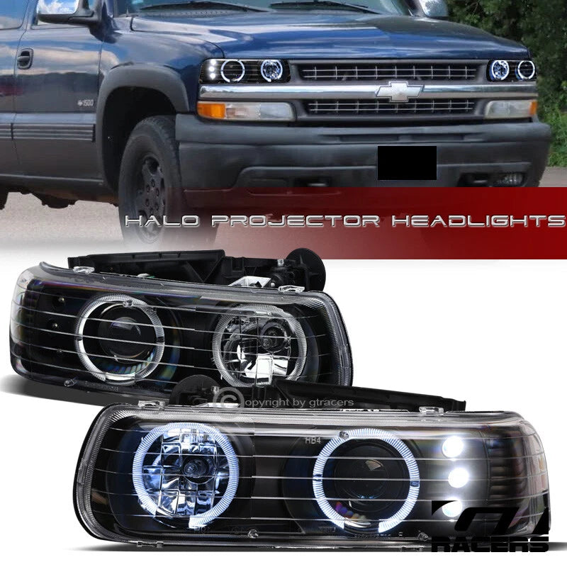 1999-2002 Chevy Silverado/2000+ Tahoe Black DRL LED Halo Projector Headlight