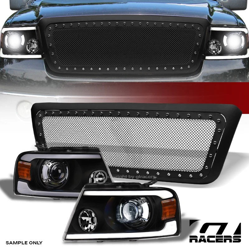 04-08 F150 Blk Full LED Tube Projector Headlights Am+Matte Rivet Mesh Grille