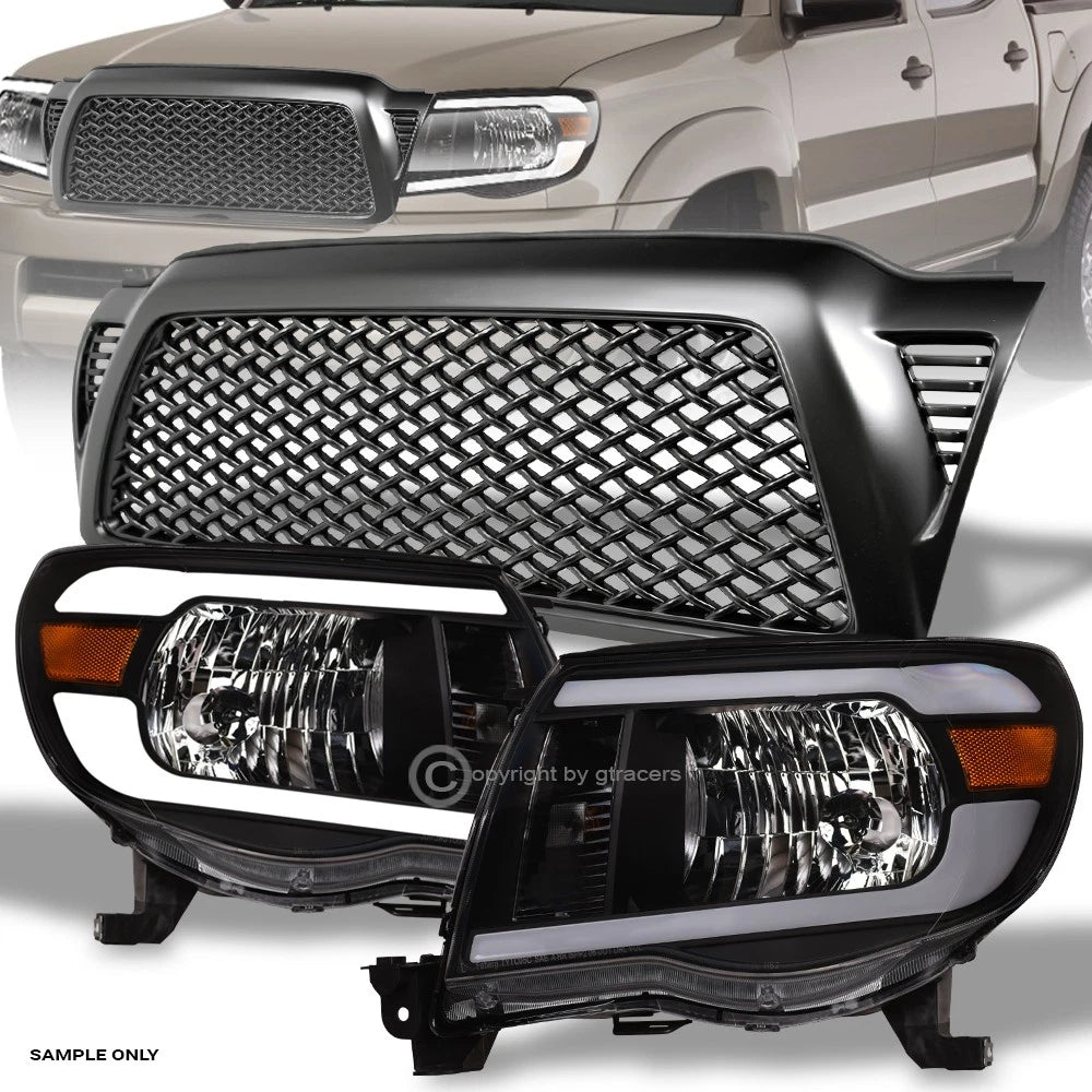 2005-2011 Toyota Tacoma Blk LED Tube Bar Headlights Amber+Matte Mesh Grille
