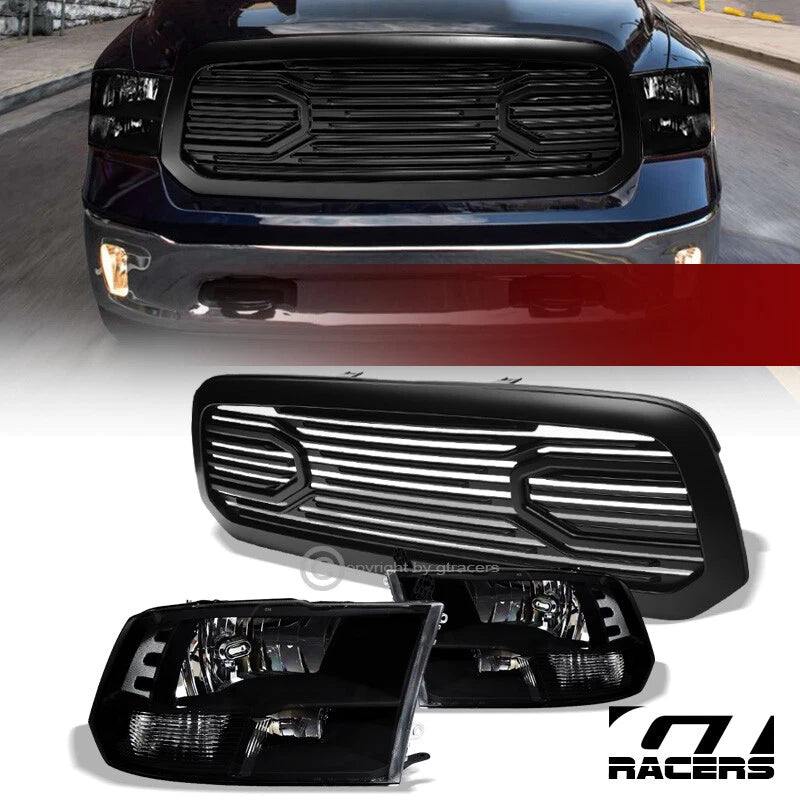 2013-2018 Dodge Ram 1500 Black Quad Headlight nb+Matte Big Horn Style Grille